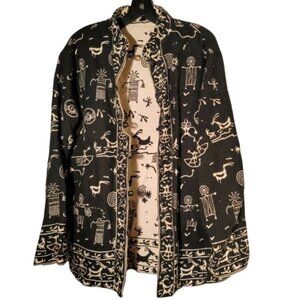 Reversible Black & Cream-Colored Button-Down Jacket w/Hieroglyphic Print Design